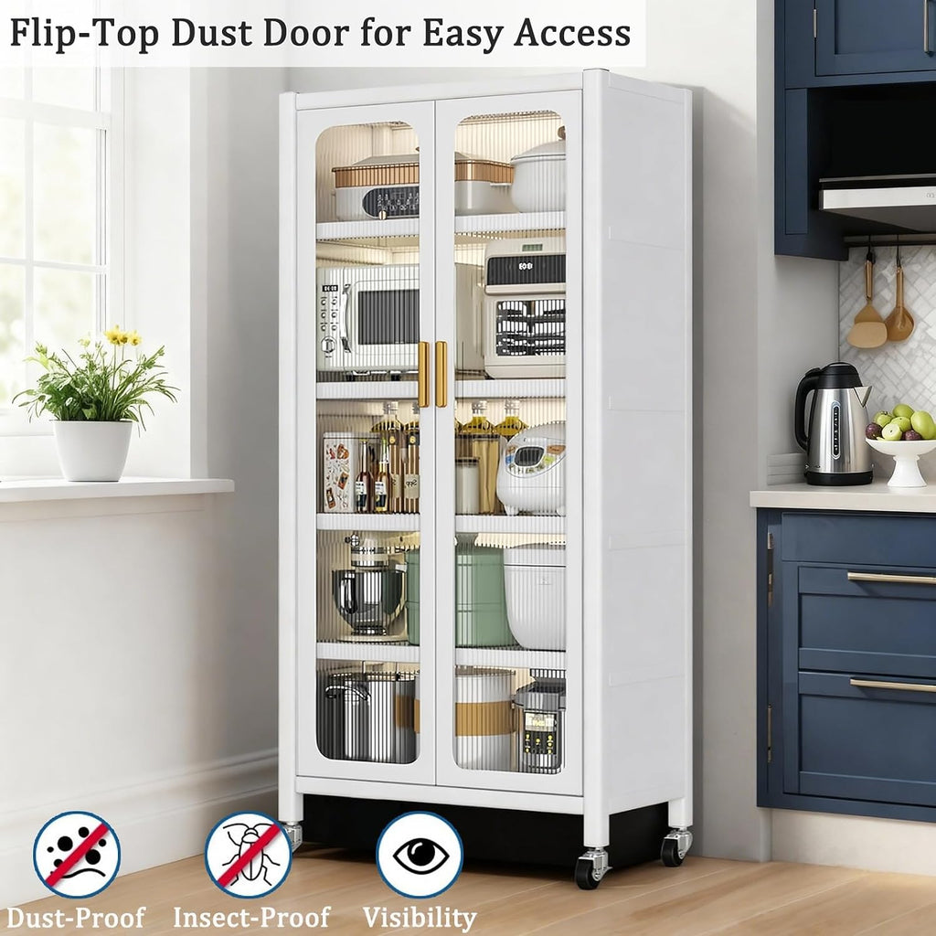 Kitchen Pantry Storage Cabinet, White 6 Tier Metal Display Cabinet with Transparent Double Doors, Adjustable Shelves & 360° Lockable Wheels, Easy Assembly, 65.16" W×23.62" D×15.75" H