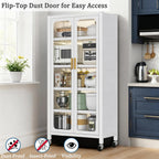 Kitchen Pantry Storage Cabinet, White 6 Tier Metal Display Cabinet with Transparent Double Doors, Adjustable Shelves & 360° Lockable Wheels, Easy Assembly, 65.16" W×23.62" D×15.75" H