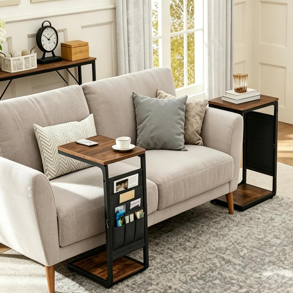 Wood Pedestal TV Trays for Eating on Couch Tables that Slide Under, Dinner Food Drink C Shaped End Sofa Side Table Stand, Small TV Tray Tables for Couches Over Recliner Chair Arm, Living Room ET-P-BR1