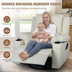 Faux Leather Rocker Recliner with Heat and Massage Cup Holders, Overstuffed Rocking Recliner Swivel Glider Chair for Nursery Heated Massaging Reclining Chair, Cream White