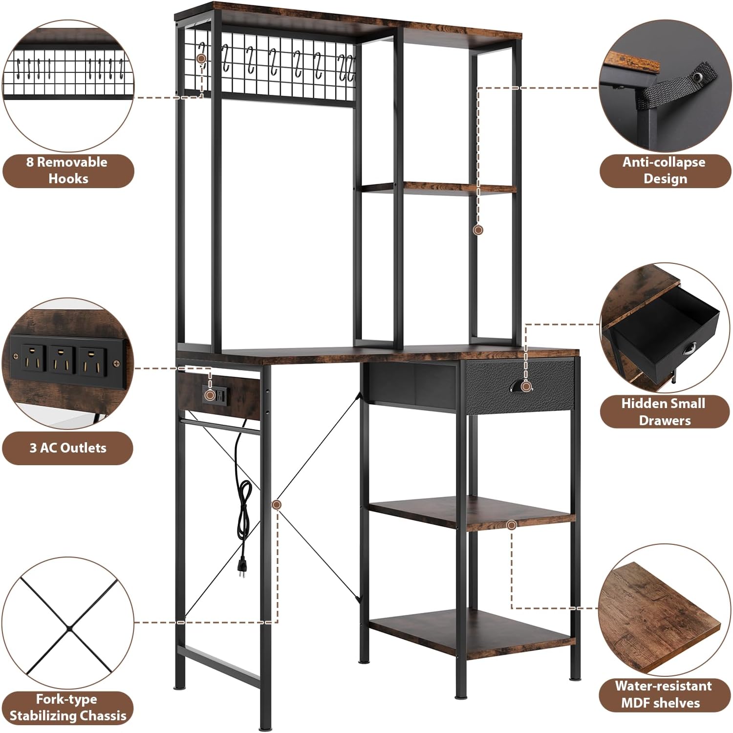 DreamDashio Over Mini Fridge Shelf with Power Outlet, 3-Tier Bakers Rack & Appliance Organizer for Microwave and Coffee Maker, Featuring Adjustable Shelves, Storage Drawer, 8 S-Hooks