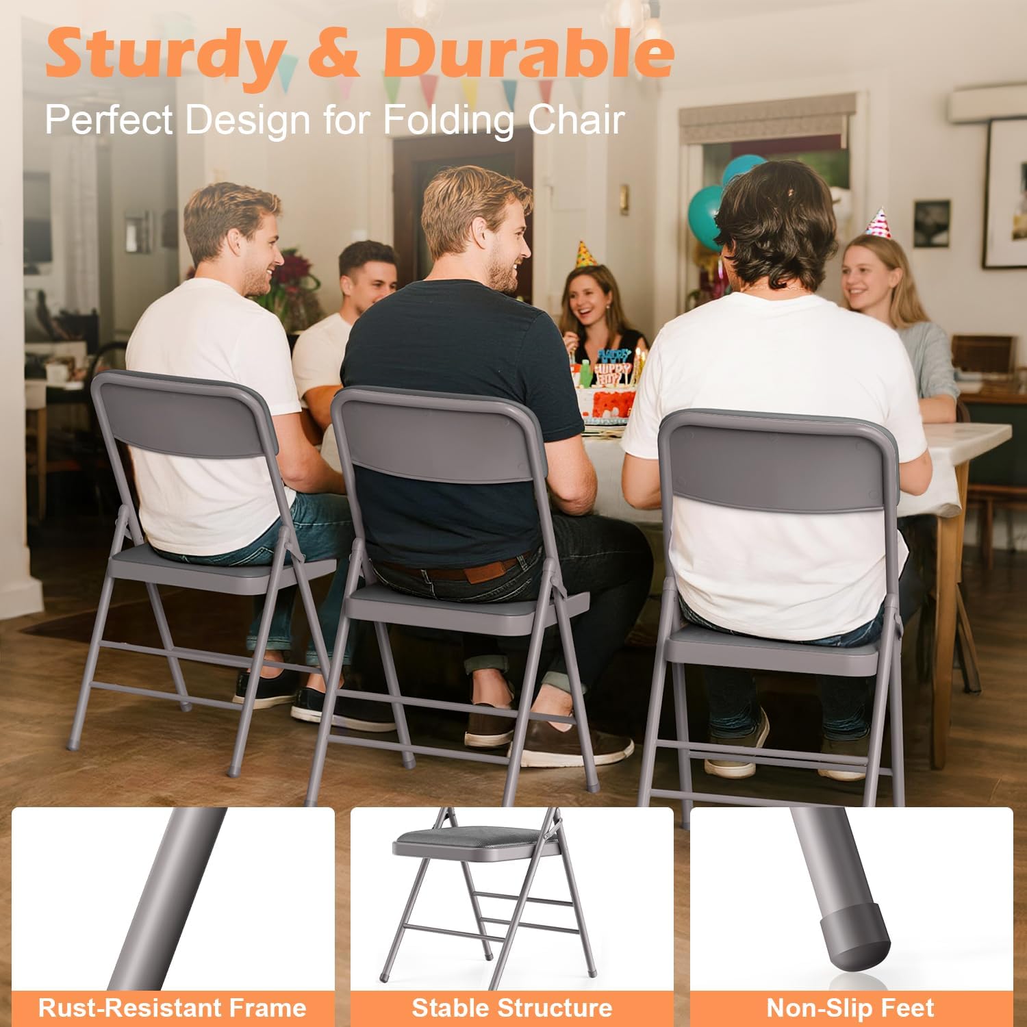 VTOY Commercial Grade Folding Chair with Padded Fabric Cushion（16"X16" |Double-hinged Legs Luxury Style|4.5kg Capacity Max Weight 150Kg for Home and Office,Indoor and Outdoor Events (2, PU-Gray)