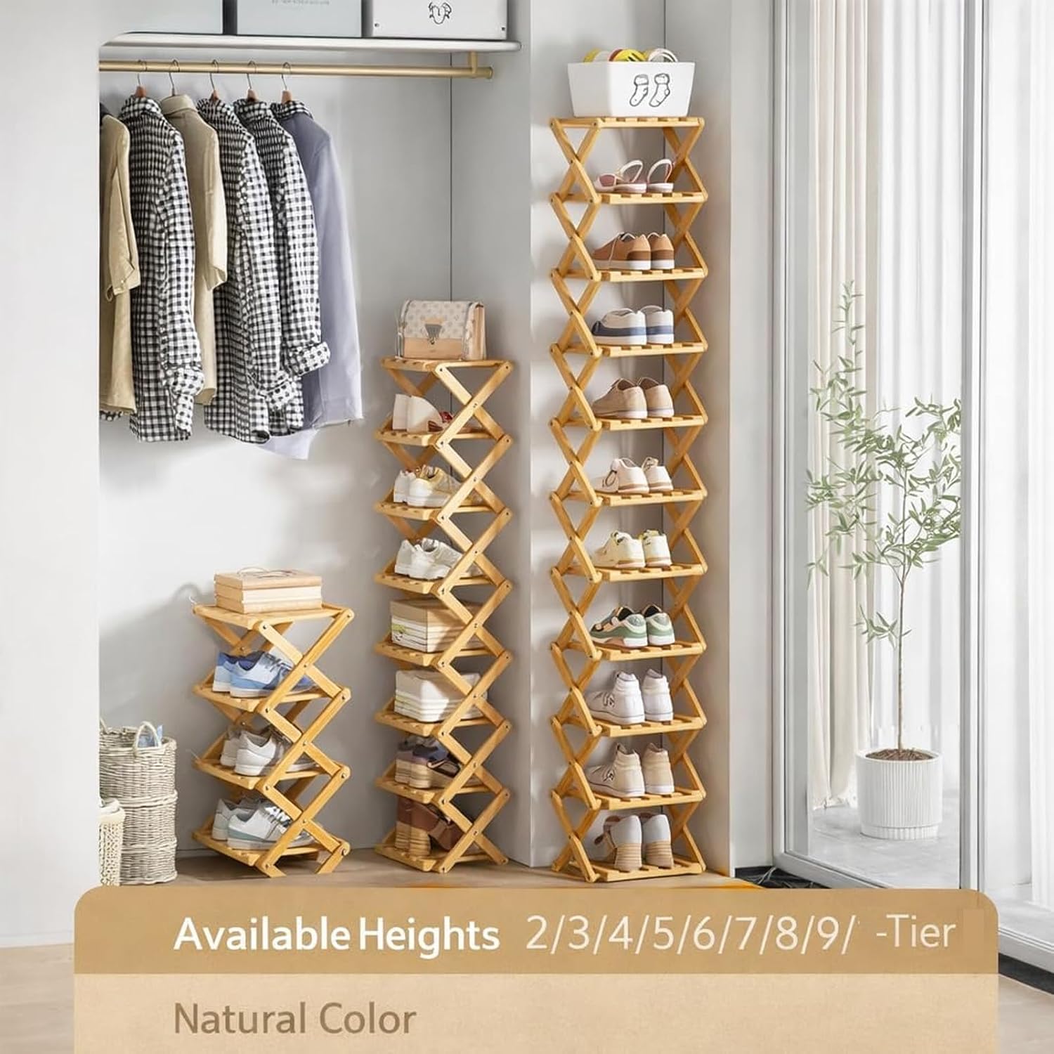GDSAFS 2-9 Tier Bamboo Shoe Rack, 2026 New Sturdy Foldable Shoe Organizer, High-Capacity No-Assembly Vertical Storage with Anti-Slip Base for Hallway, Bedroom, Corner, Kids' Room (Yellow,9 Layers)