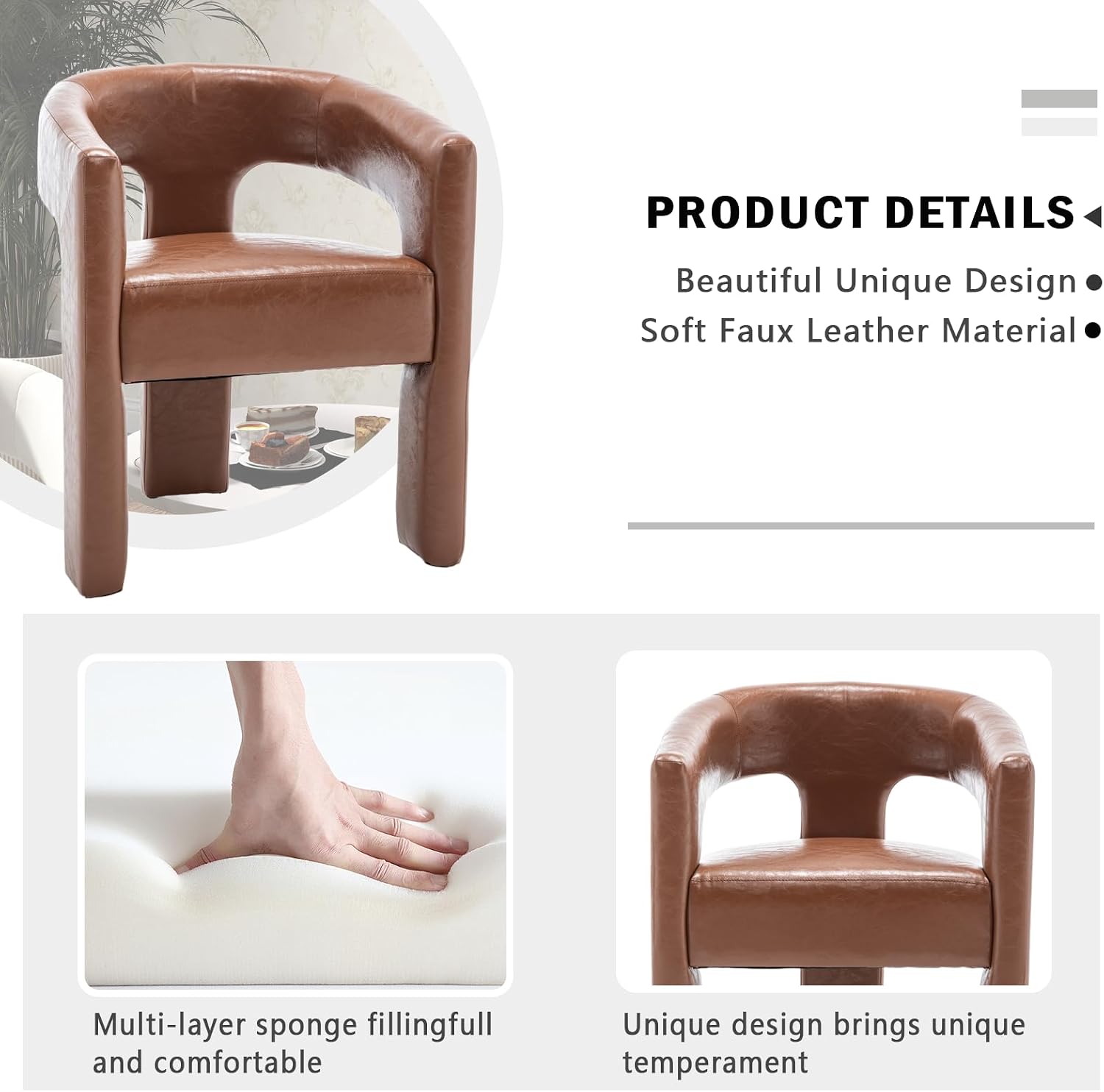 Modern Barrel Dining Chair, Comfy Faux Leather Upholstered Chairs with Open-Back, Assembled Vanity Chair, PU Leather Accent Chair Side Armchair for Dining Room, Kitchen, Living Room（Brown）