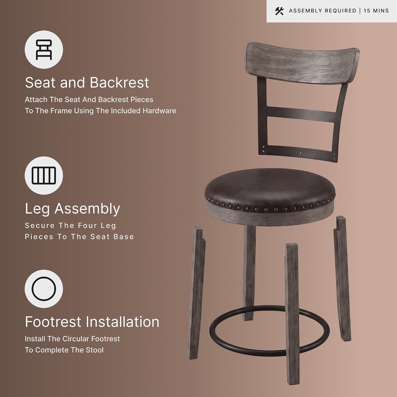 Signature Design by Ashley Pinnadel Bar Stool, Swivel Counter Height Stool Chair With Faux Leather Seat, Wood and Metal Frame for Kitchen Island With Seating, Light Brown