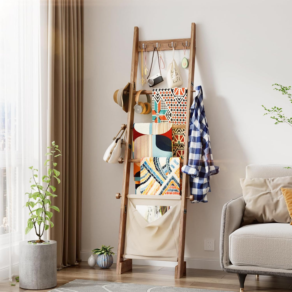 REFGY 5-Tier Blanket Ladder Shelf, 5.3FT (63'') Wall Leaning Blanket Ladders for Living Room Bedroom, Decorative Quilt Rack with 4 Metal Hooks, Rustic Farmhouse Decorative Ladder for Blankets, Brown