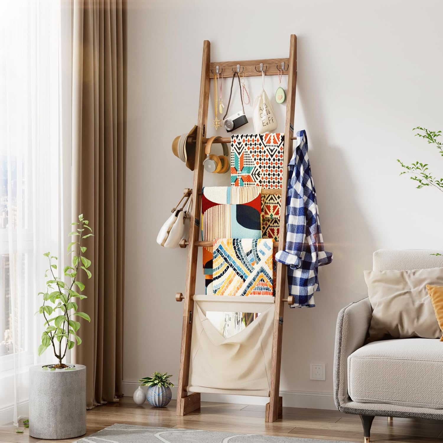 REFGY 5-Tier Blanket Ladder Shelf, 5.3FT (63'') Wall Leaning Blanket Ladders for Living Room Bedroom, Decorative Quilt Rack with 4 Metal Hooks, Rustic Farmhouse Decorative Ladder for Blankets, Brown