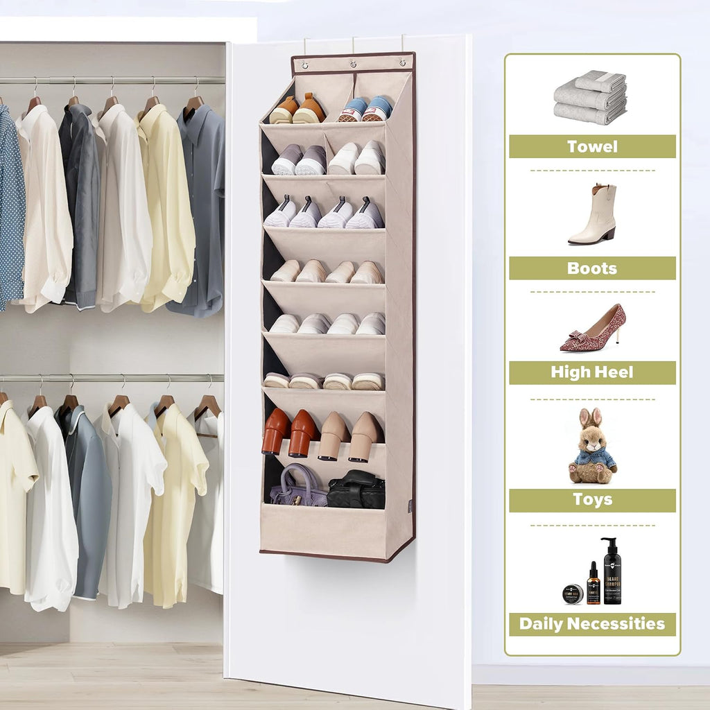 4 Pack Shoe Organizer with 6 Extra Large Pockets and 4 Large Pocket, Over the Door Sturdy Closet Storage Rack, Hanging Shoe Organizer for Shoes, Sneakers, Beige
