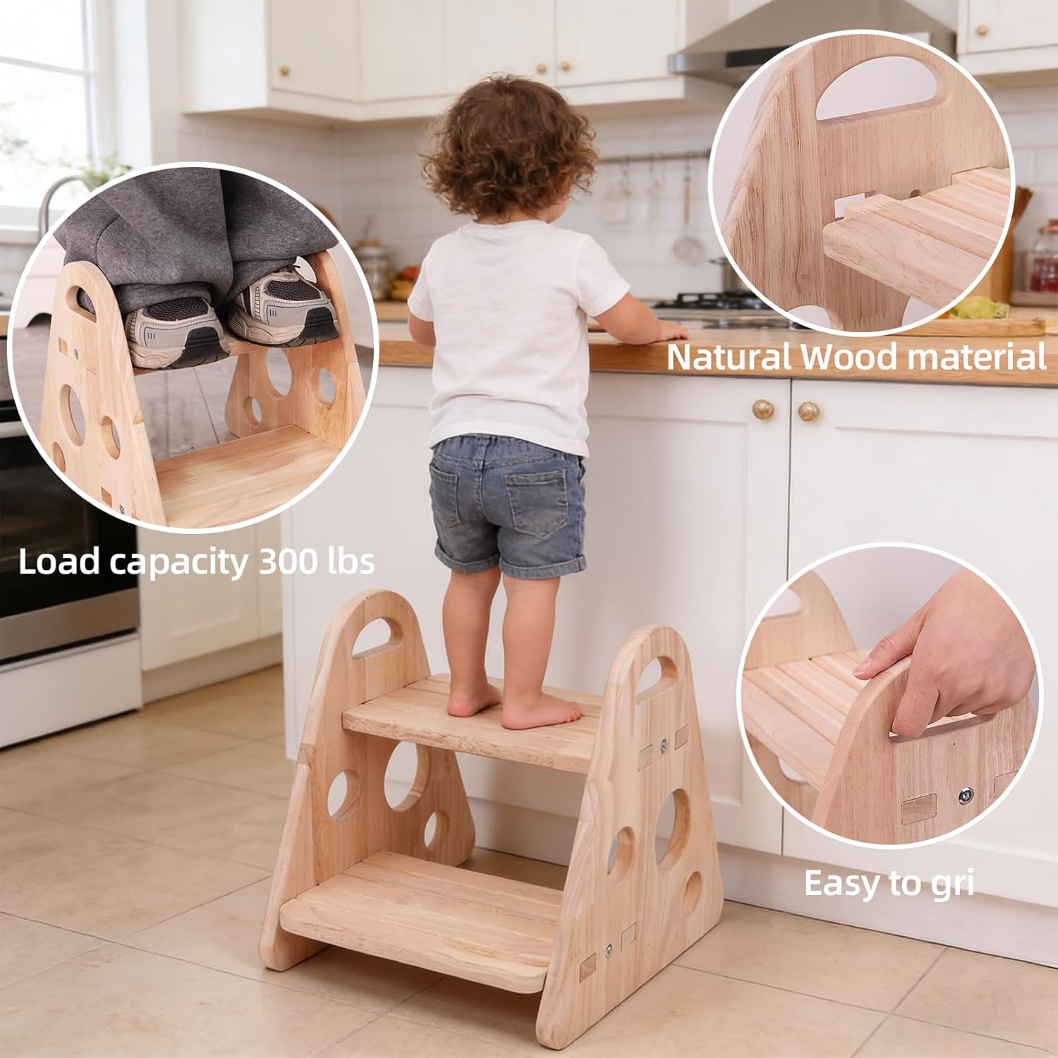 QZM Wooden Step Stool, trilateral Two Step Stools for Toddler 300 lbs Capacity with Safety Non-Slip Pads and Handles for Bathroom, Kitchen Dual Height for Kids, Natural