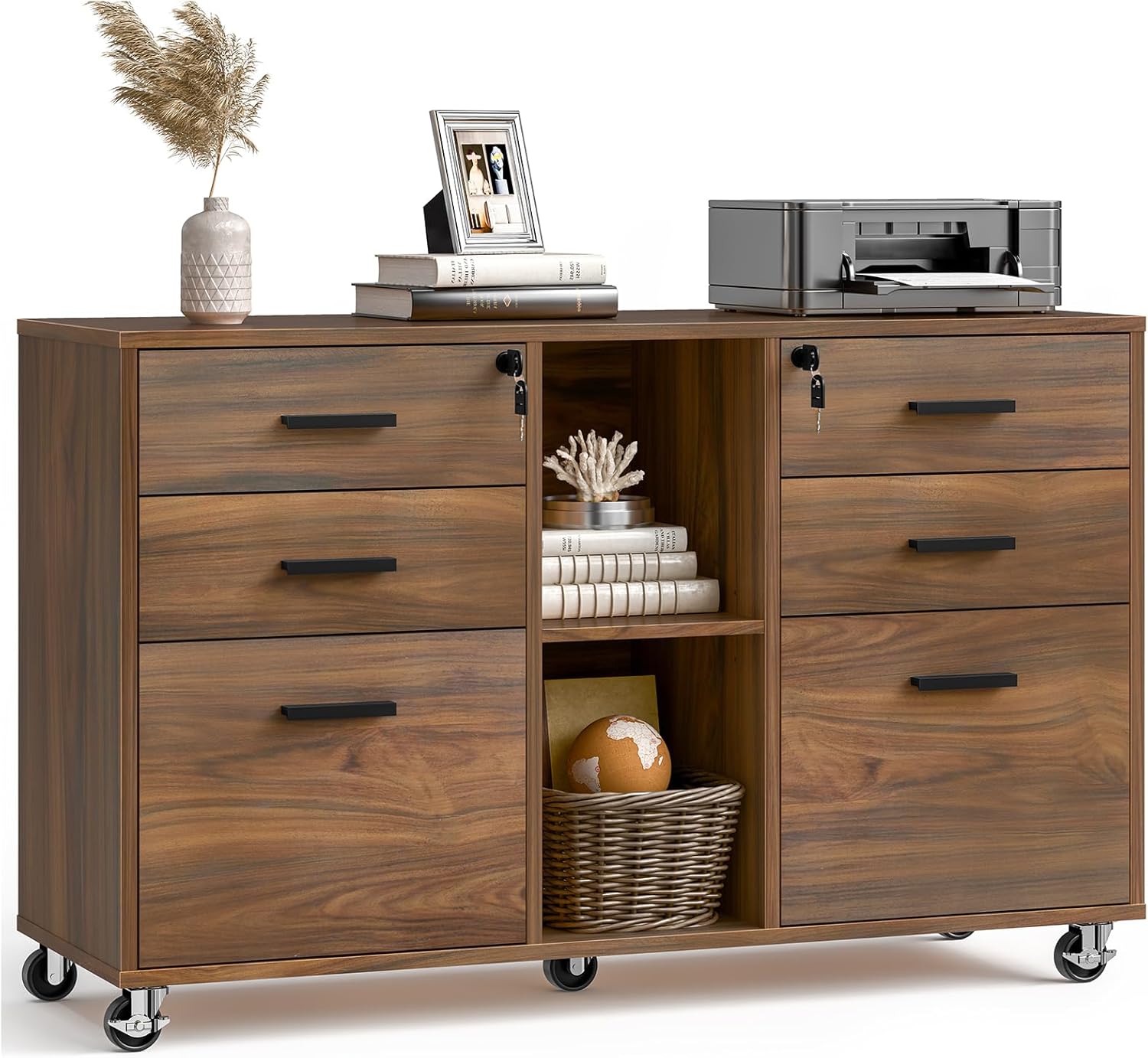 Halitaa Lateral File Cabinet with Lock, Large Mobile Storage Filing Cabinet with 6 Drawers Fits Files Letter/A4 Size, Rolling Printer Stand with Open Storage Adjustable Shelf for Home Office, Brown