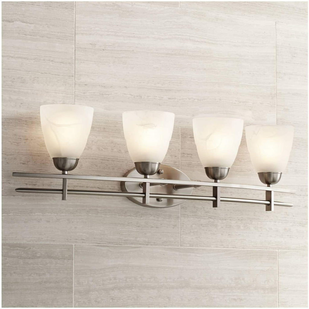 Possini Euro Design Art Deco Modern Wall Mount Light Brushed Nickel Silver Metal Hardwired 33" Wide 4-Light Fixture Trio Marbleized Glass Shades for Bathroom Vanity Mirror House Home Room Decor