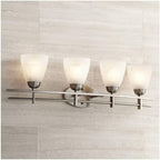 Possini Euro Design Art Deco Modern Wall Mount Light Brushed Nickel Silver Metal Hardwired 33" Wide 4-Light Fixture Trio Marbleized Glass Shades for Bathroom Vanity Mirror House Home Room Decor