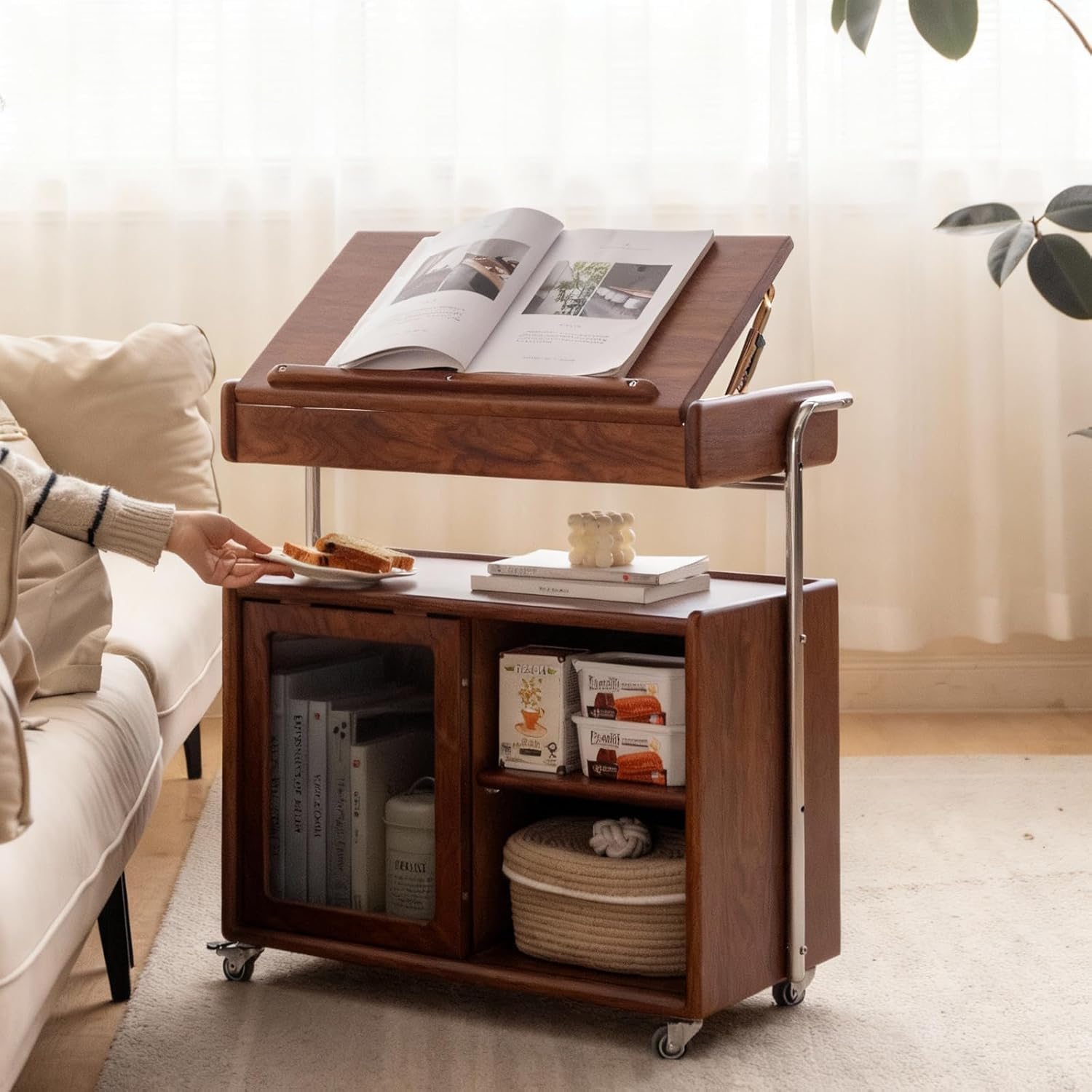 Solid Wood Side Table for Living Room, Bedroom, Walnut | Movable, Flip Top, 7 Angle Adjustment, Ample Storage