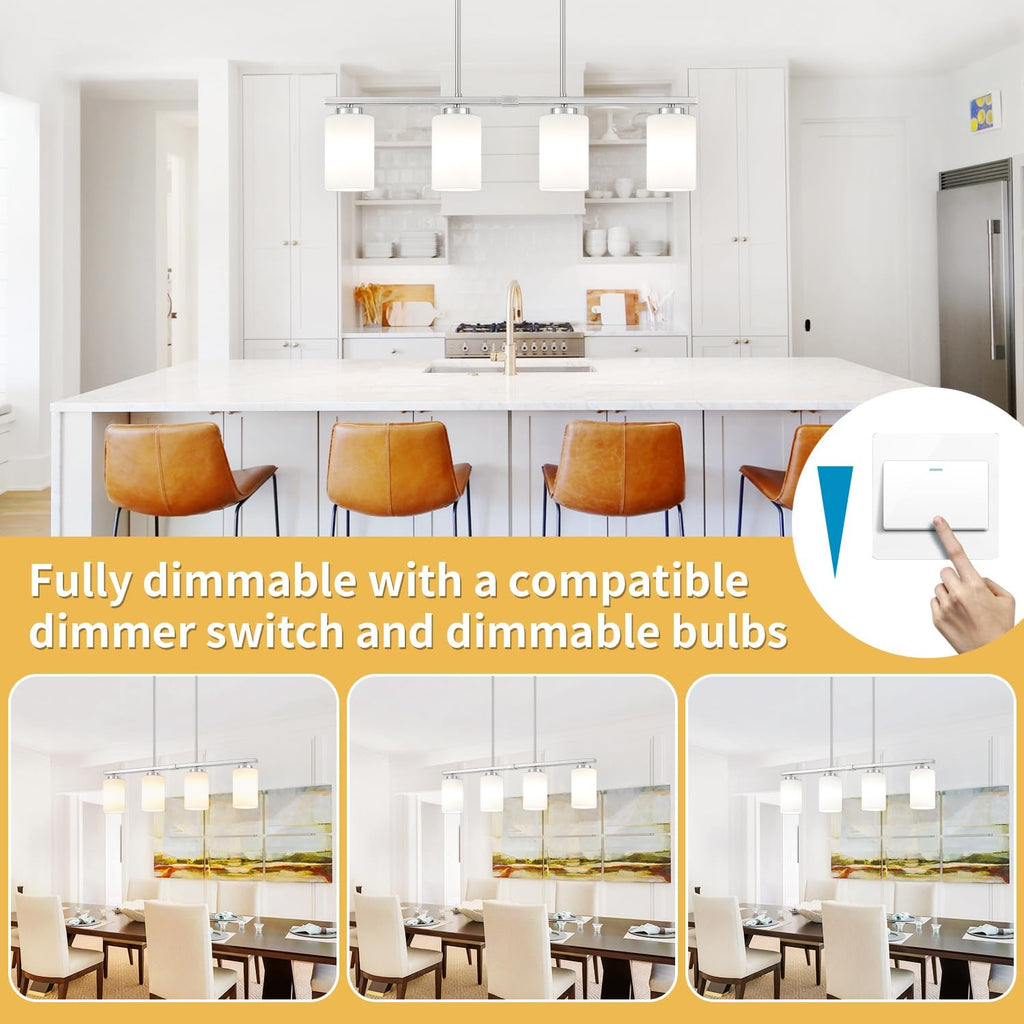 Modern Island Lights for Kitchen, Brushed Nickel Dining Room Light Fixtures, 4-Light Linear Chandeliers Over Table White Frosted Glass Kitchen Hanging Lights Pendant Lighting Over Island