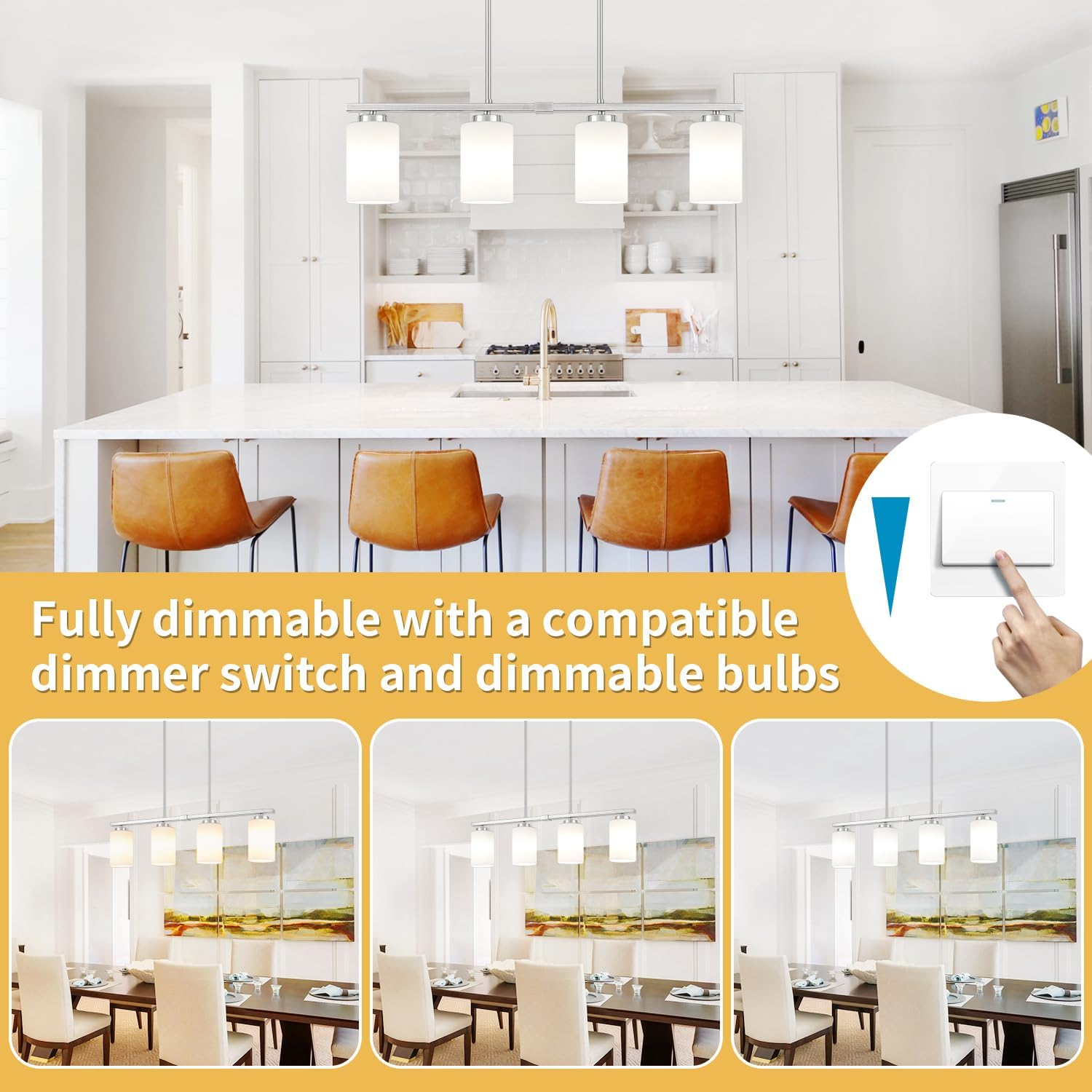 Modern Island Lights for Kitchen, Brushed Nickel Dining Room Light Fixtures, 4-Light Linear Chandeliers Over Table White Frosted Glass Kitchen Hanging Lights Pendant Lighting Over Island