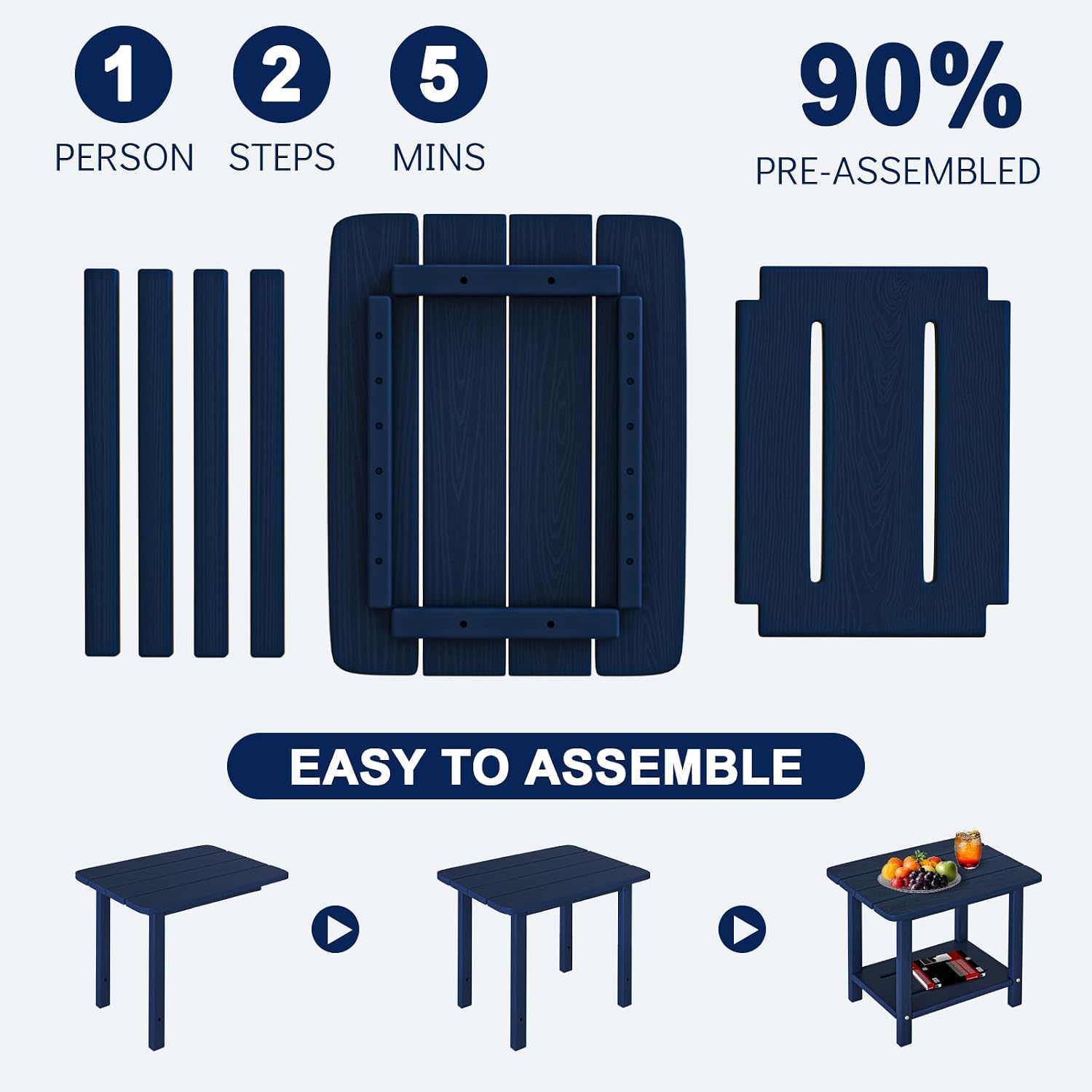 Folding Adirondack Chair Set 3-Piece - 38" Extra Tall Back & Embossed Wood Grain, Oversized HDPE Patio Furniture with Side Table & Cup Holders, 380lb Heavy Duty, Navy Blue