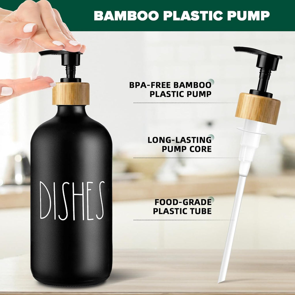 Dish Soap Dispenser for Kitchen, Matte Black Soap Dispenser, Glass Dishes Soap Dispenser with Bamboo Pump, 17 Fl Oz Refillable Liquid Soap Bottle Container, Farmhouse Kitchen Deco