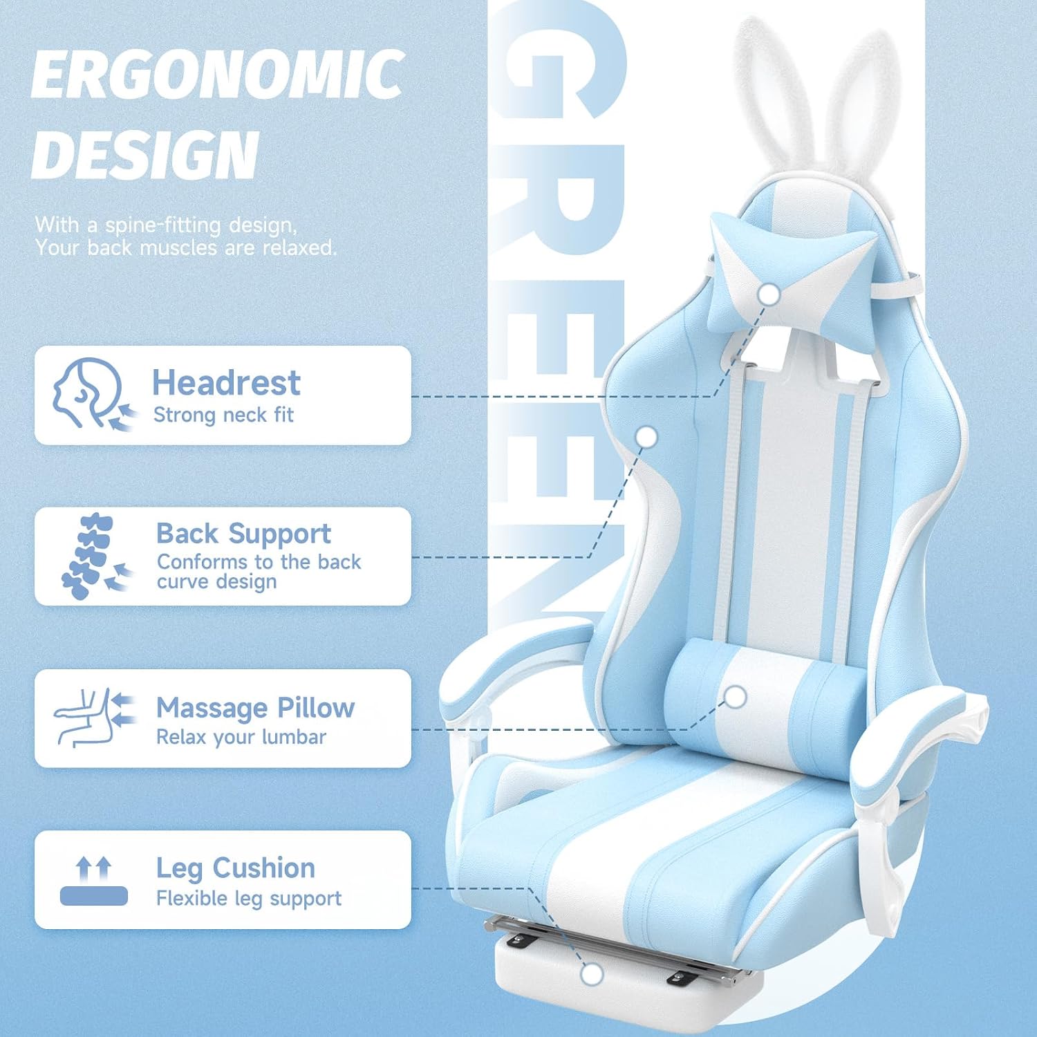 Ferghana Kawaii Bunny Ears Gaming Chair, Cute Gamer Chair with Footrest and Massage, Leather Ergonomic Computer Game Chairs for Girls Adults Teens Kids Light Blue