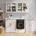 NEWOWNDS 56" Kitchen Wall Cabinets,Display Wall Mounted Cabinet,Floating Cabinet with Glass Doors,Over The Toilet Storage Cabinets, Upper cabinets for Launtry, Kitchen,Bathroom, Gold Handle