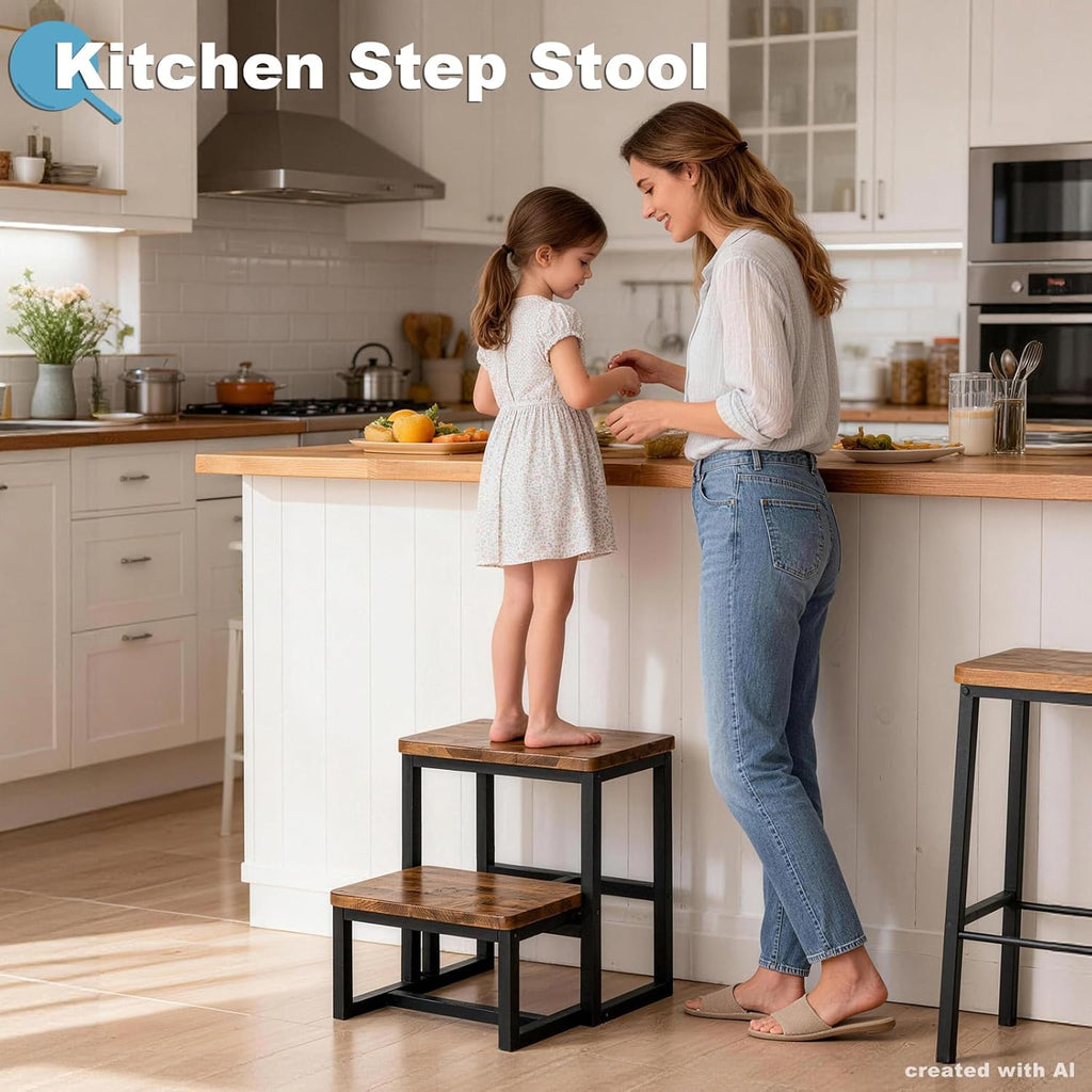 2 Step Stool for Adults Wooden Step Stool with 500 Lbs Capacity, 3 in 1 Heavy Duty Sturdy Stepping Stools Bedside Foot Stool for Kichen/Bathroom/Bedroom High beds, Non-Slip Pads