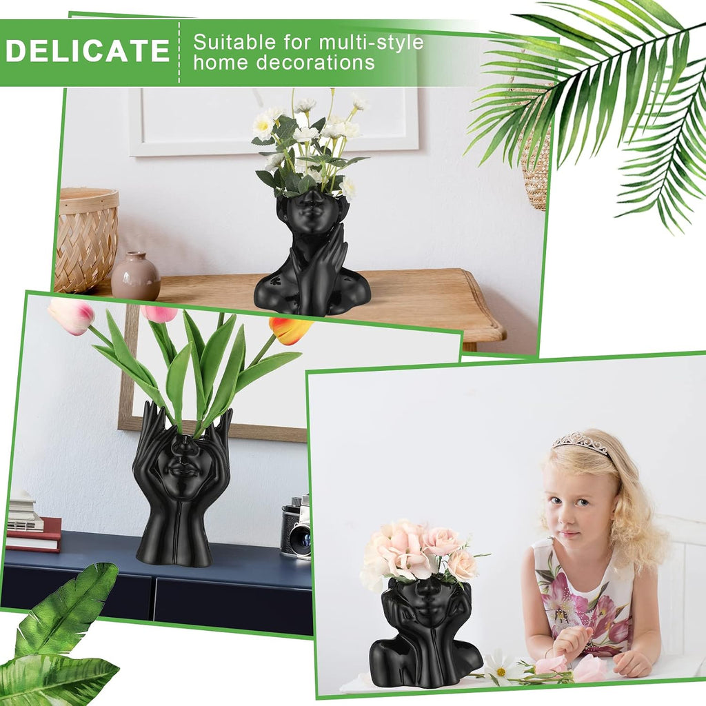 Sieral 3 Pcs Ceramic Face Vase Female Form Flower Modern Body Vase for Decor with Head Half Body Bust Centerpiece for Table Shelf Home Bedroom Room Office(Small,Black)