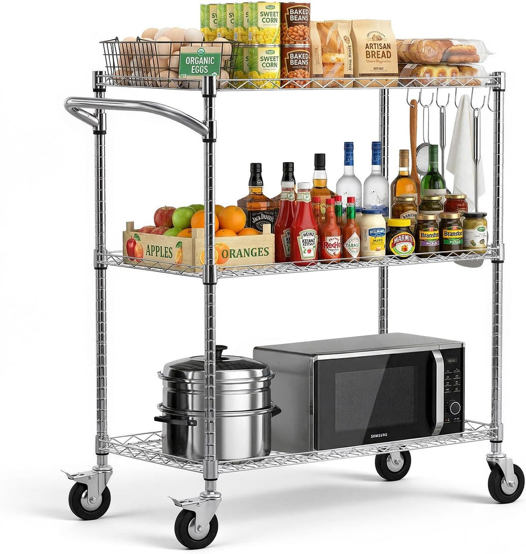 VEVOR Kitchen Utility Cart, 3 Tier Heavy Duty Adjustable Wire Storage Rack, Commercial Steel Rolling Service Trolley on Wheels, Work Table with Handle Bar, for Garage and Laundry Room, 35x17.8x40.9 in