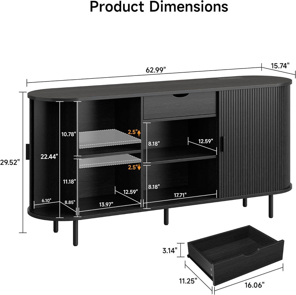 ONBRILL 63'' Fluted Sideboard Buffet Cabinet with Storage, Large Credenza Storage Cabinet with Drawers, Mid Century Modern Buffet Table Accent Console Cabinet for Kitchen Living Room Enrtyway, Black