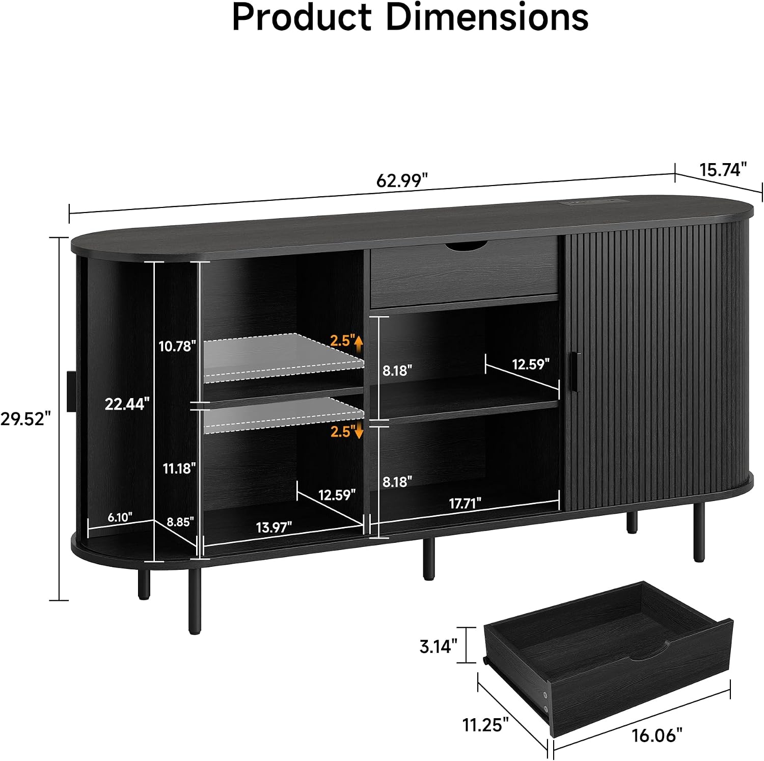 ONBRILL 63'' Fluted Sideboard Buffet Cabinet with Storage, Large Credenza Storage Cabinet with Drawers, Mid Century Modern Buffet Table Accent Console Cabinet for Kitchen Living Room Enrtyway, Black
