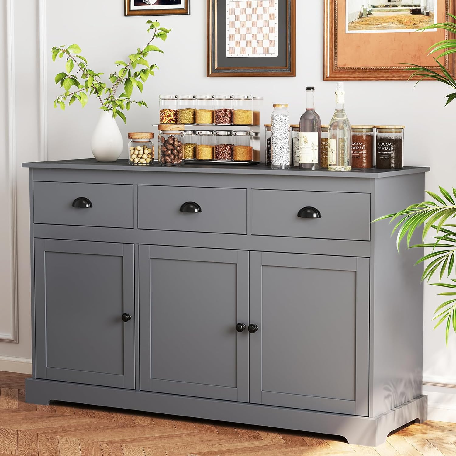 Sideboard Buffet Cabinet with Storage, 53.5” Large Kitchen Cupboard with 3 Drawers, Adjustable Shelf, Credenzas for Living Room, Wooden Coffee Bar Console Table for Dining Room (Grey)