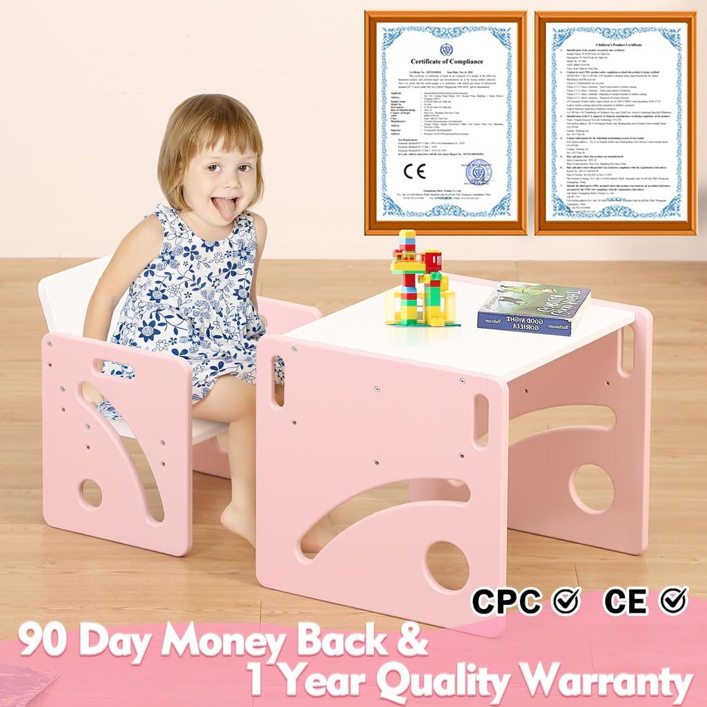 FUNLIO Height Adjustable Toddler Table and Chair Set for Age 1-3, Quality Solid Wood Montessori Table and Chairs, Weaning Baby Table Chair Set, Easy to Assemble, CPC Certified - Pink