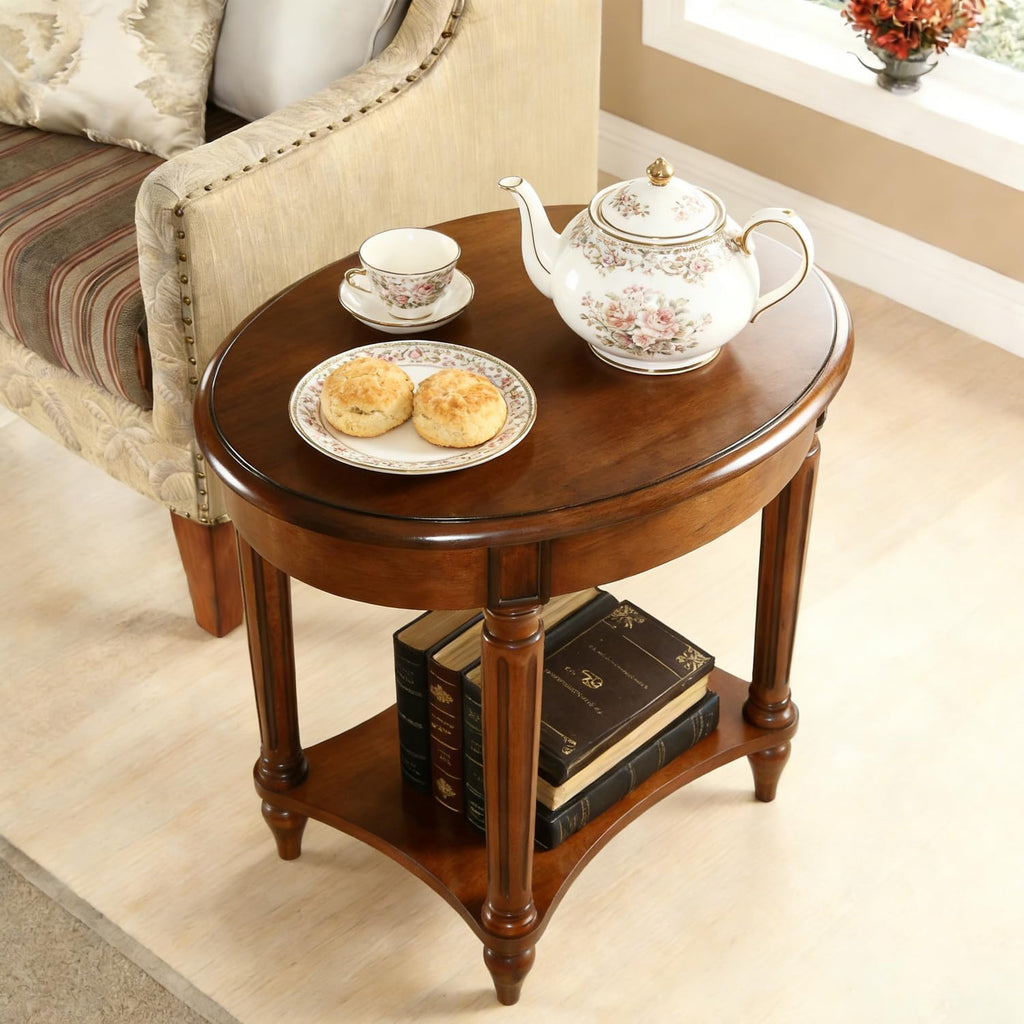 YUNMUARY-Oval End Table Cherry Finish Wood Side Table with Storage Shelf,Modern Living Room Accent Tables Wooden Nightstand Mid-Century End Tables for Sofa,No-Tools Assembly Dark Cherry