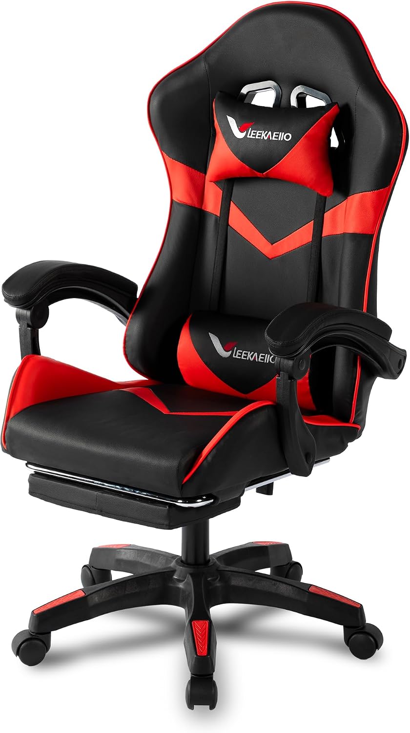 Gaming Chair, Ergonomic Reclining Computer Chair for Adults, with Footrest and Lumbar Support, 360° Swivel, for Office Gaming Home Use, Red & Black