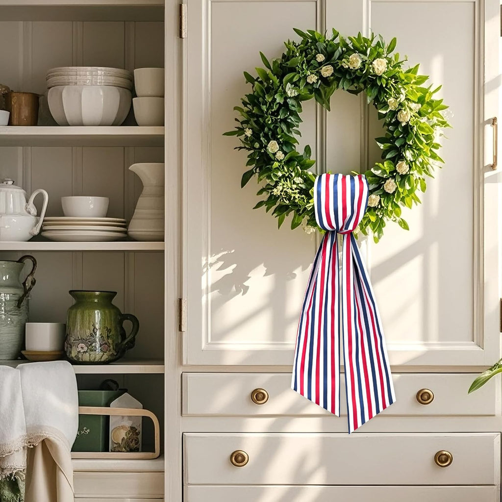 Wreath Sash for Front Door Boxwood Wreath Sash Accessories for Indoor Outdoor Decor, 5.1'' x 59''(Red White and Blue Stripe)