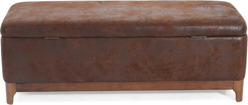 Christopher Knight Home Nesley Upholstered Ottoman with Storage for Living Room, Microfiber Modern Storage Ottoman Foot Rest, Wooden Bedroom Rectangular End of Bed Bench, Brown
