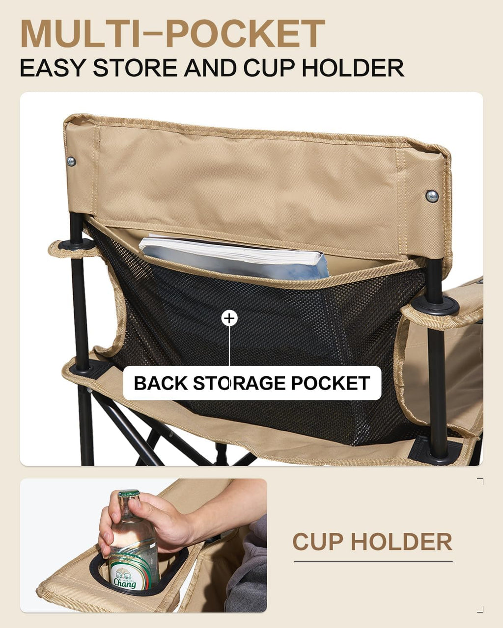 MOBI GARDEN Portable Camping Chair for Adults, Cushion Seat & Back Quad Chair with 2 Cup Holder and Mesh Back Pocket, Carry Bag Included, Black