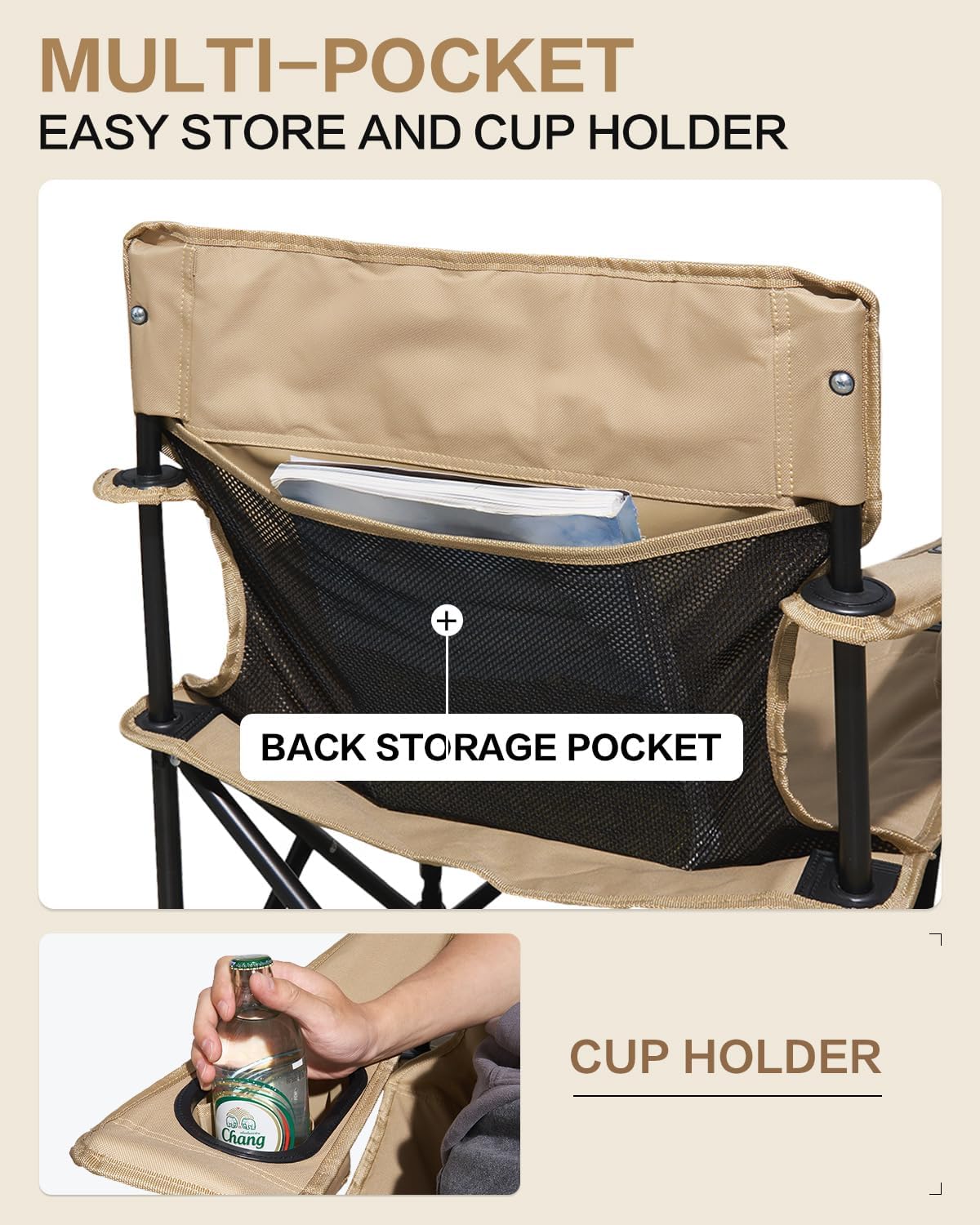 MOBI GARDEN Portable Camping Chair for Adults, Cushion Seat & Back Quad Chair with 2 Cup Holder and Mesh Back Pocket, Carry Bag Included, Black
