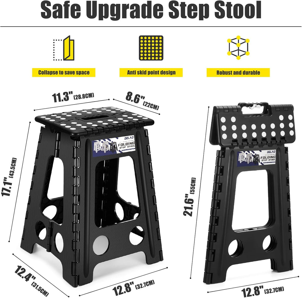 Delxo 17.5 Inch Folding Step Stool, Foldable Stool for Adults,Premium Portable Collapsible Plastic Step Stool,Non Slip Folding Stools for Kitchen Bathroom Bedroom (Black + Grey)