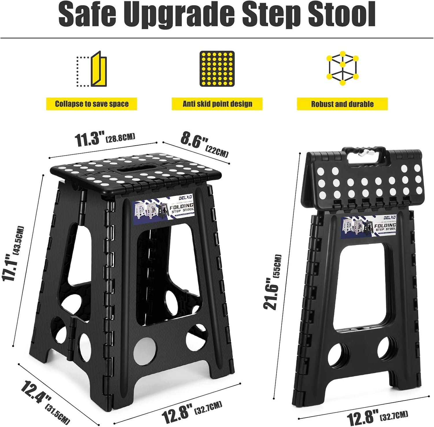 Delxo 17.5 Inch Folding Step Stool, Foldable Stool for Adults,Premium Portable Collapsible Plastic Step Stool,Non Slip Folding Stools for Kitchen Bathroom Bedroom (Black + Grey)