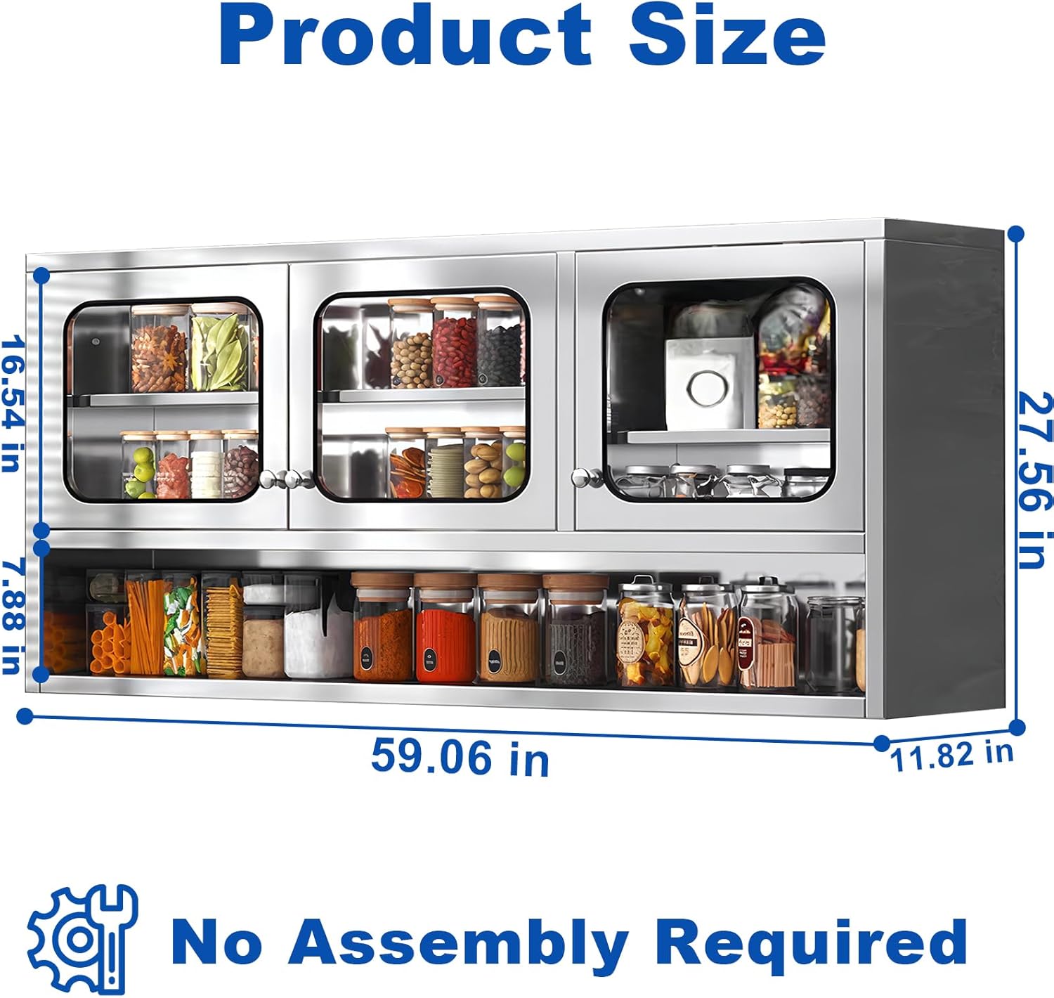 ZZV 59” Kitchen Wall Cabinet, Stainless Steel Wall Mounted Cabinet with Adjustable Shelves, Industrial Wall Storage Cabinet for Garage, Warehouse, No Assembly Required, 11.82D x 59.06W x 27.56H in