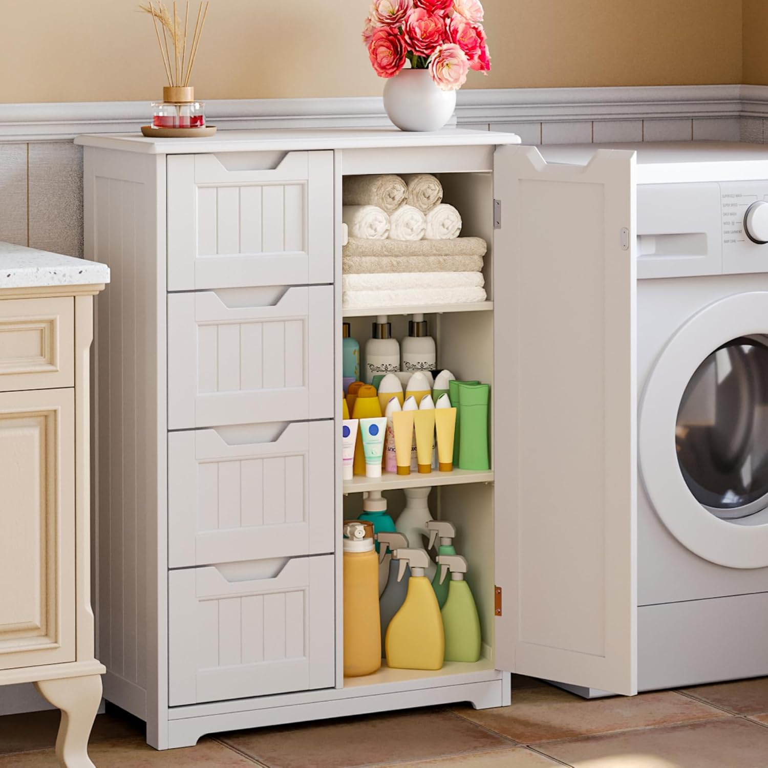 Gizoon Small Pantry Storage Cabinet with Door and Shelves, 33'' Kitchen Pantry Freestanding Wooden Bathroom Storage Cabinet with 4 Drawers for Kitchen and Dining Room, White, Painted