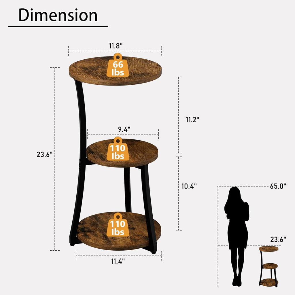 Small Side Table, 3-Tier Round End Table for Small Spaces, Vintage Accent Table for Living Room Sofa Couch Bedroom, 11.8" Corner Nightstand Wood Metal Coffee Table with Storage Shelf, Rustic Brown