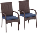 Patio Dining Chairs, Stackable PE Rattan Wicker Outdoor Dining Chairs with Cushion Armrests Backrest, Blue Patio Chair Garden Chair for Backyard Patio Balcony Dining Seating