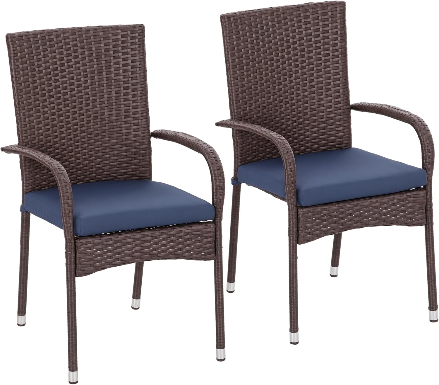 Patio Dining Chairs, Stackable PE Rattan Wicker Outdoor Dining Chairs with Cushion Armrests Backrest, Blue Patio Chair Garden Chair for Backyard Patio Balcony Dining Seating