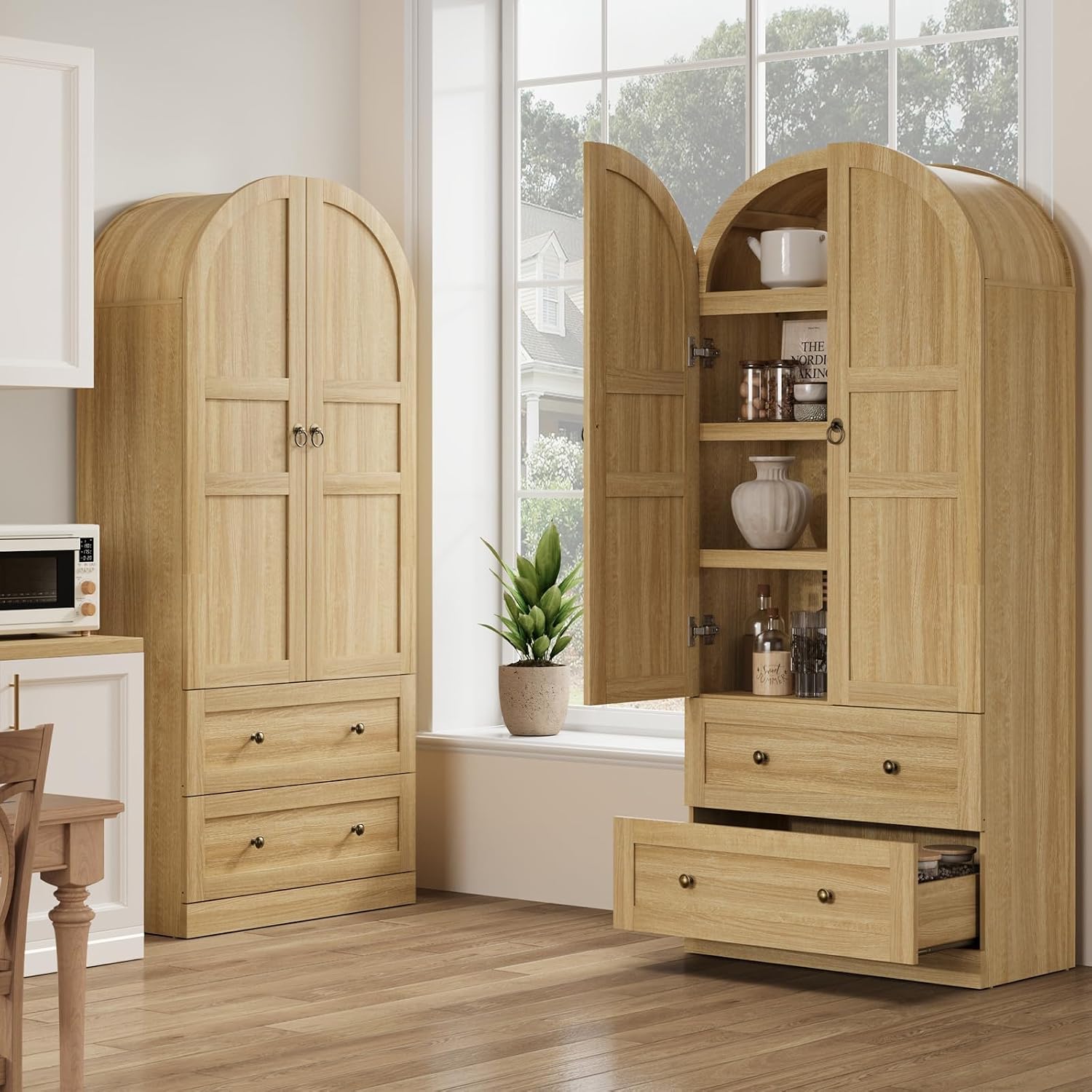 CABIHOME 72" Tall Arched Kitchen Pantry Cabinet, Freestanding Farmhouse Storage Cupboard with Doors, Drawers & Shelves, Versatile Wooden Organizer for Dining Room, Living Room, Natural