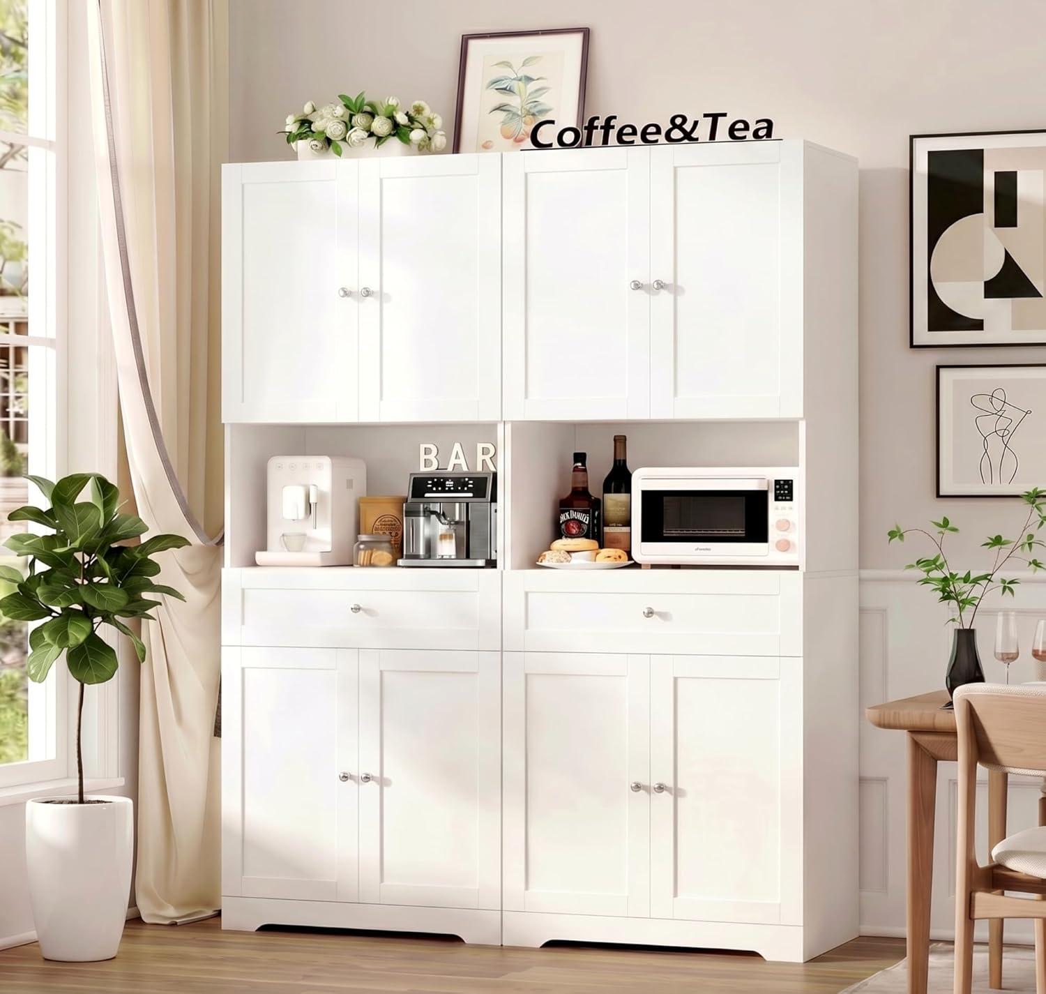 HIFIT 2 Pcs Tall Kitchen Pantry Cabinet, Large Kitchen Hutch Storage Cabinet with Doors & Wide Shelves, 67" Tall Modern Coffee Bar Cabinets with Drawers Cupboard Set for Home Dining Living Room, White