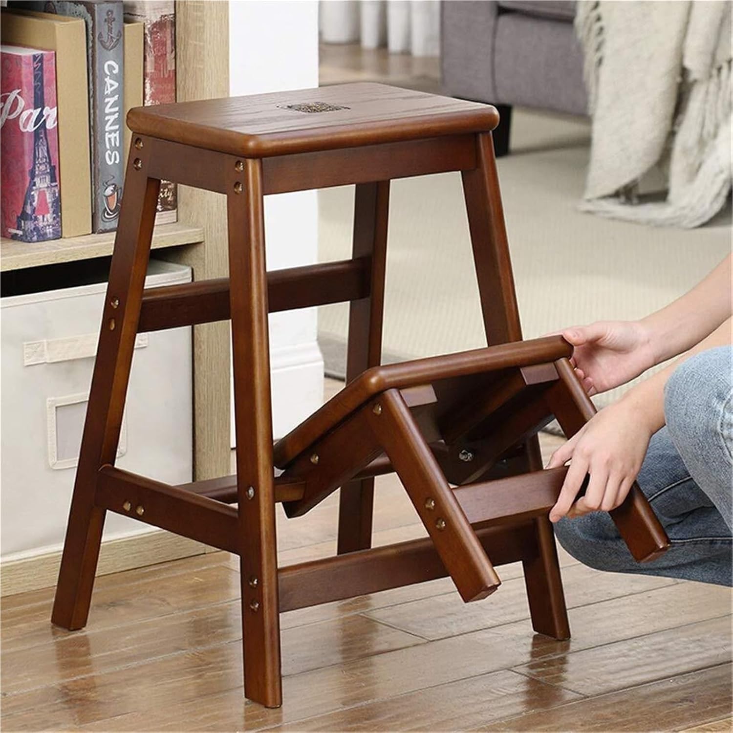Step Stool 2-Step Wood Folding Stepladder & Step Stool - Lightweight Anti-Slip Pedal Design for Home Garden DIY - 150kg Capacity