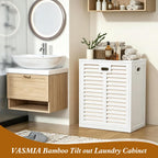 VASMIA Tilt Out Laundry Hamper, Bamboo Laundry Cabinet with Hidden Removable Basket,Dirty Clothes Storage Organizer for Bedroom, Bathroom, Living Room, White