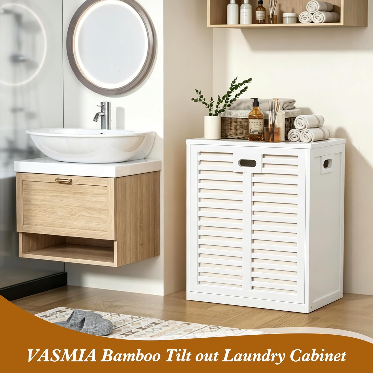 VASMIA Tilt Out Laundry Hamper, Bamboo Laundry Cabinet with Hidden Removable Basket,Dirty Clothes Storage Organizer for Bedroom, Bathroom, Living Room, White