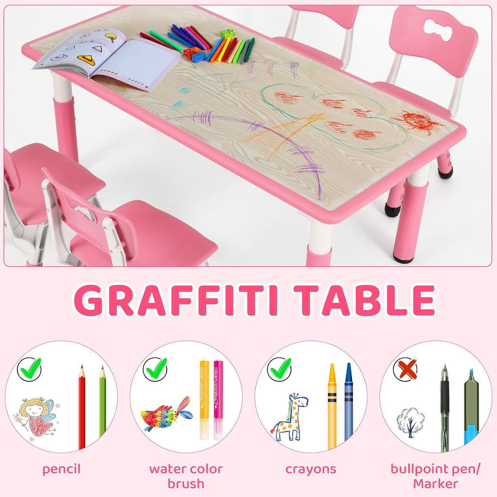 Arlopu Kids Table and 4 Chairs, Height Adjustable Toddler Desk & Chair Set, Anti-Slip Legs, Graffiti Desktop, Children Large Multi-Activity Table with 47.2" x 23.6", Classroom, Homes, Daycares (Pink)