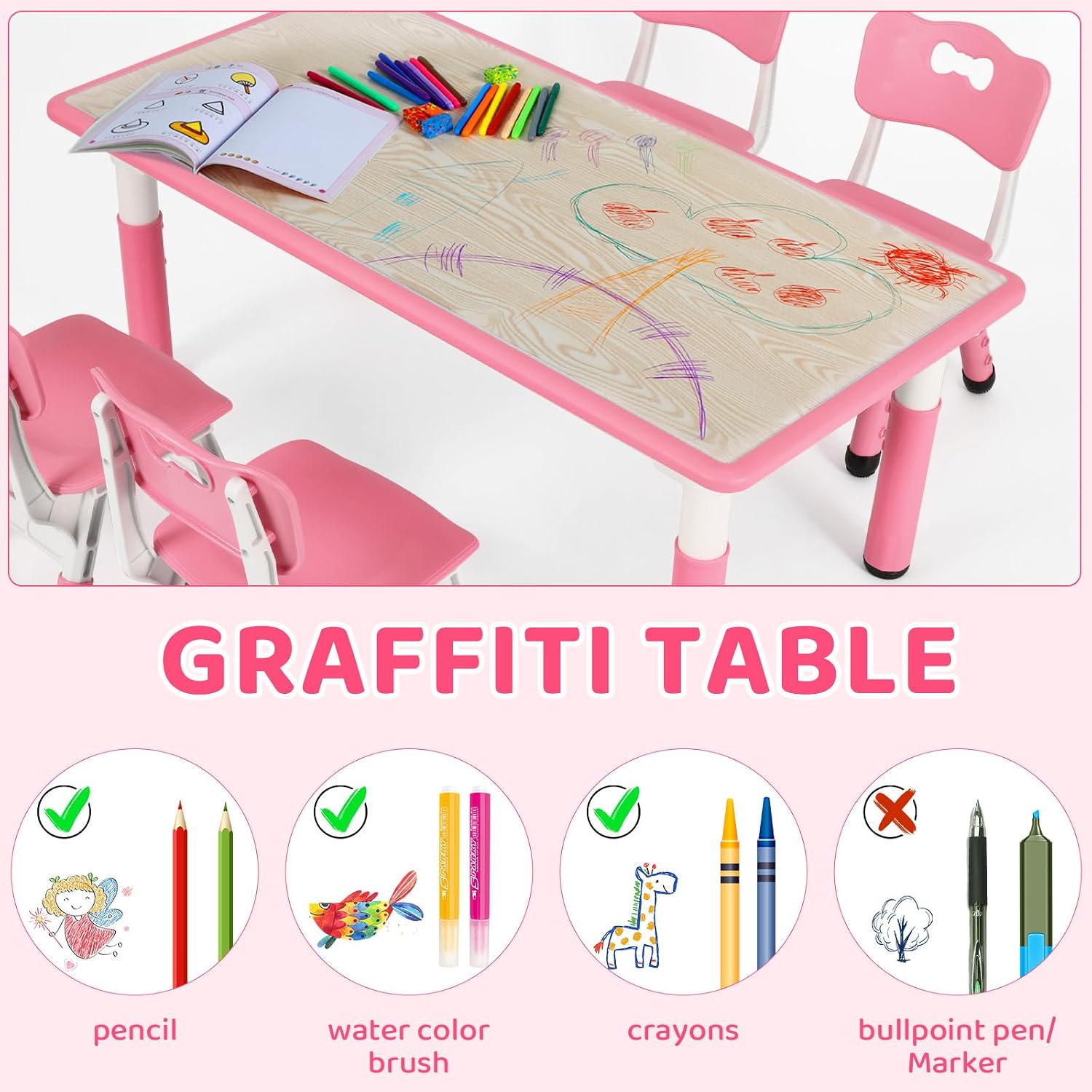 Arlopu Kids Table and 4 Chairs, Height Adjustable Toddler Desk & Chair Set, Anti-Slip Legs, Graffiti Desktop, Children Large Multi-Activity Table with 47.2" x 23.6", Classroom, Homes, Daycares (Pink)